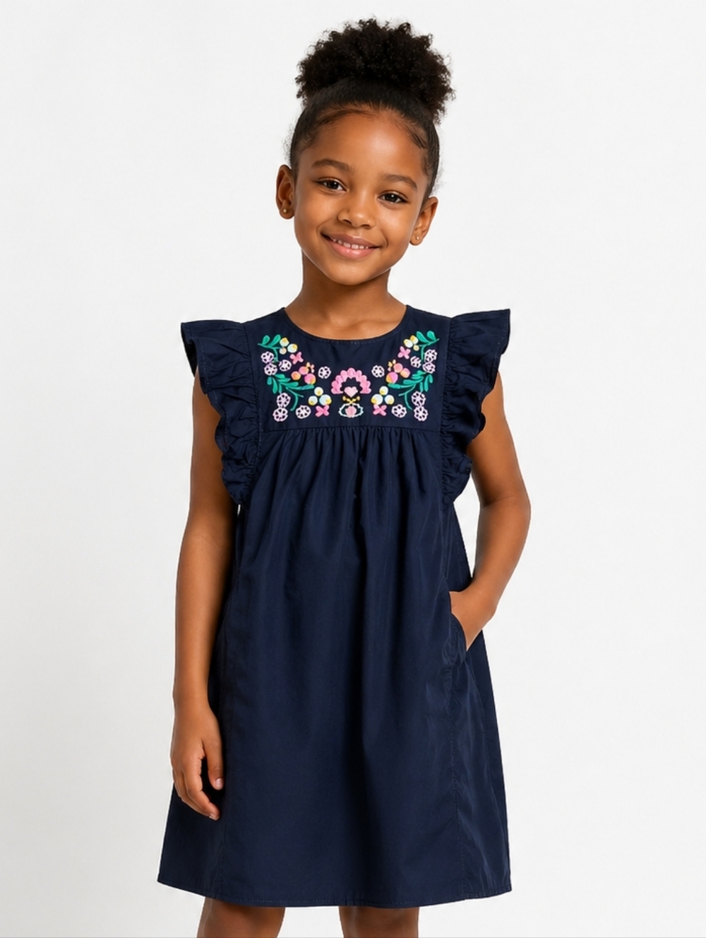 Crewcuts Navy Blue Embroidered Bib Dress Size 8 Floral Cotton Cottagecore